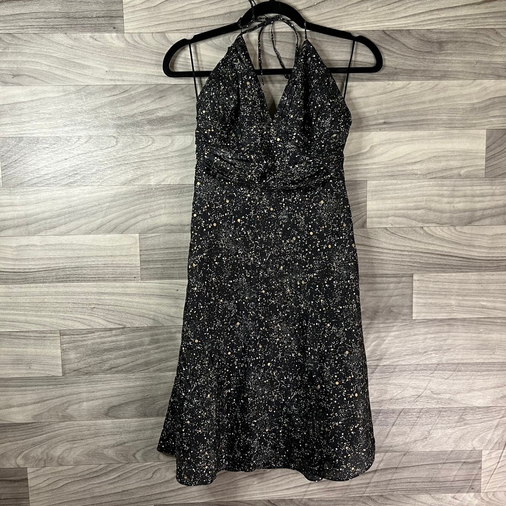 Express A-Line Dress Womens 4 Black‎ Metallic Glitter Sleeveless Halter Tie Silk